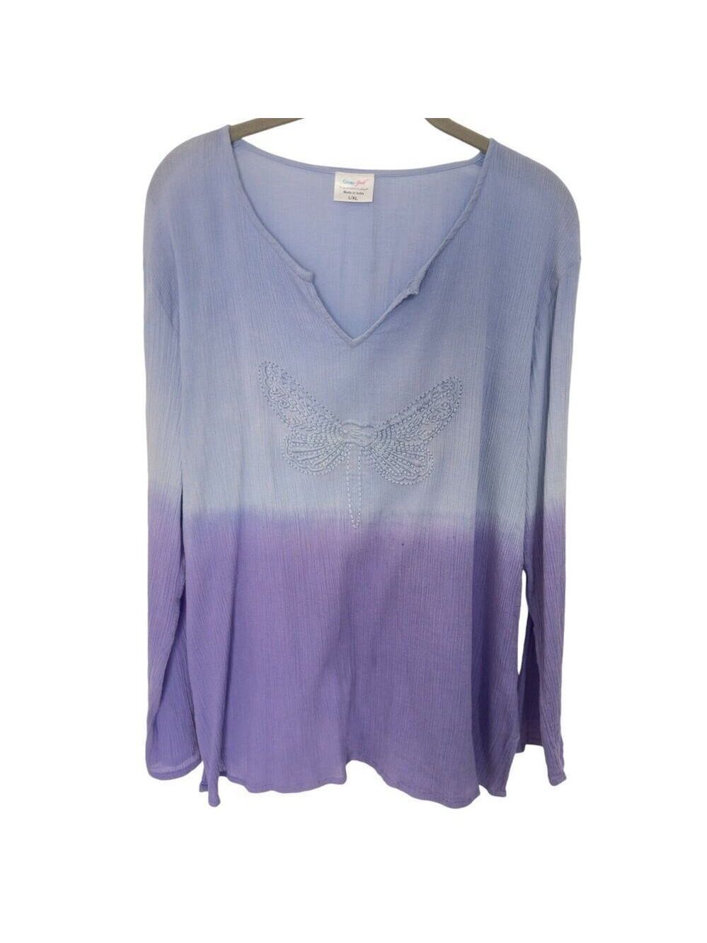 Greater Good Boho Dip Dye Top Blue/Purple Embroidered Butterfly Sz L
